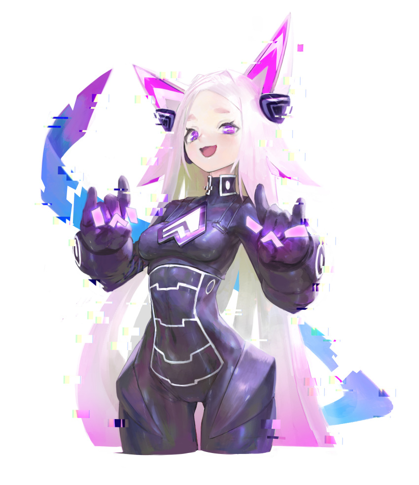 1girl \n/ absurdres agoto black_bodysuit bodysuit breasts covered_navel cowboy_shot double_\n/ glitch gradient_hair hands_up highres indie_virtual_youtuber long_hair looking_at_viewer medium_breasts multicolored_hair official_art open_mouth purple_hair skin_tight smile solo very_long_hair violet_eyes virtual_youtuber white_hair
