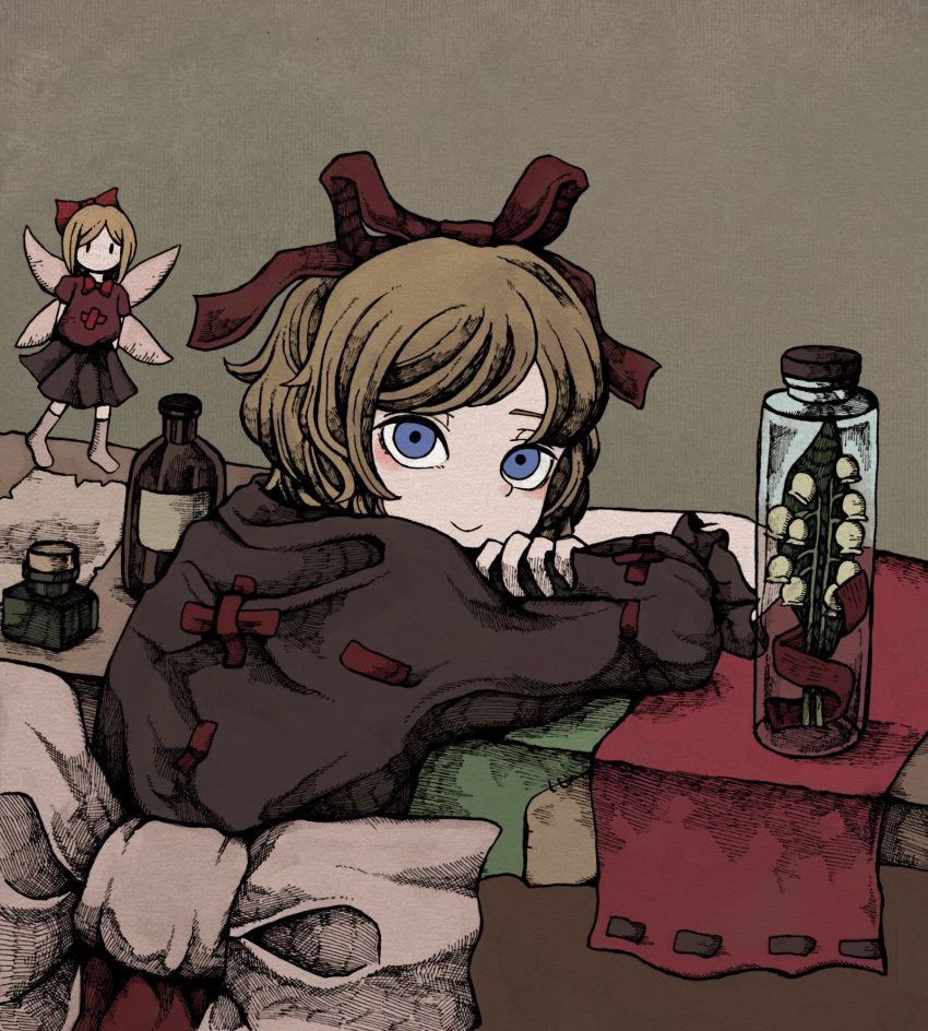 1girl alcohol arms_on_table awk_chan bangs blonde_hair blue_eyes blush bow brown_background doll flower frilled_shirt frilled_shirt_collar frilled_sleeves frills hair_between_eyes highres ink_bottle jar light_smile lily_of_the_valley looking_at_viewer medicine_melancholy paper puffy_short_sleeves puffy_sleeves red_bow red_neckwear red_ribbon ribbon shirt short_hair short_sleeves simple_background solo su-san table tablecloth touhou wavy_hair white_ribbon