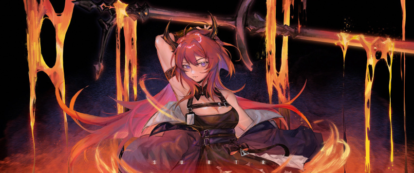 1girl arknights bare_shoulders black_dress demon_girl demon_horns dress highres horns long_hair looking_at_viewer mayf42 molten_rock redhead skirt solo surtr_(arknights) sword weapon