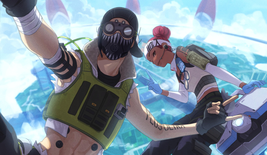 1boy 1girl 2gou \n/ abs apex_legends arm_tattoo backpack bag bandaged_arm bandages black_gloves black_headwear blue_gloves cropped_vest d.o.c._health_drone drone fingerless_gloves gloves goggles hair_behind_ear hair_bun headband headset highres lifeline_(apex_legends) looking_at_viewer mask midriff mouth_mask navel octane_(apex_legends) redhead science_fiction selfie sitting tattoo vest white_headband
