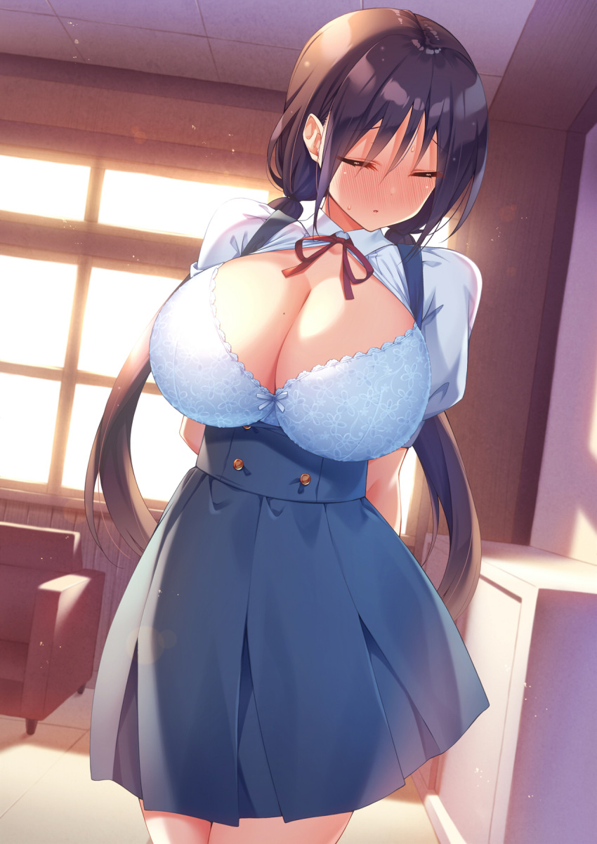 1girl arms_behind_back bangs black_hair blush bow bowtie bra breasts breasts_outside bursting_breasts ceiling closed_eyes commentary_request couch duplicate embarrassed evening highres huge_breasts ichi_makoto indoors lace-trimmed_bra lace_trim long_hair low_twintails mole mole_on_breast original overall_skirt parted_lips red_neckwear short_sleeves skirt solo standing twintails underwear white_bra window