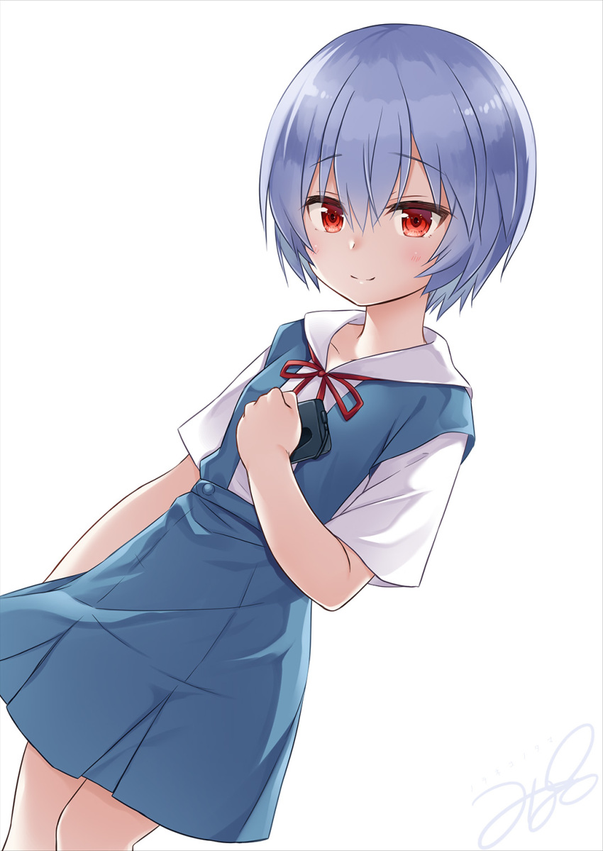 1girl ayanami_rei bangs blue_eyes commentary_request eyebrows_visible_through_hair hair_between_eyes highres looking_at_viewer neon_genesis_evangelion red_eyes short_hair signature simple_background smile solo white_background yukino_minato