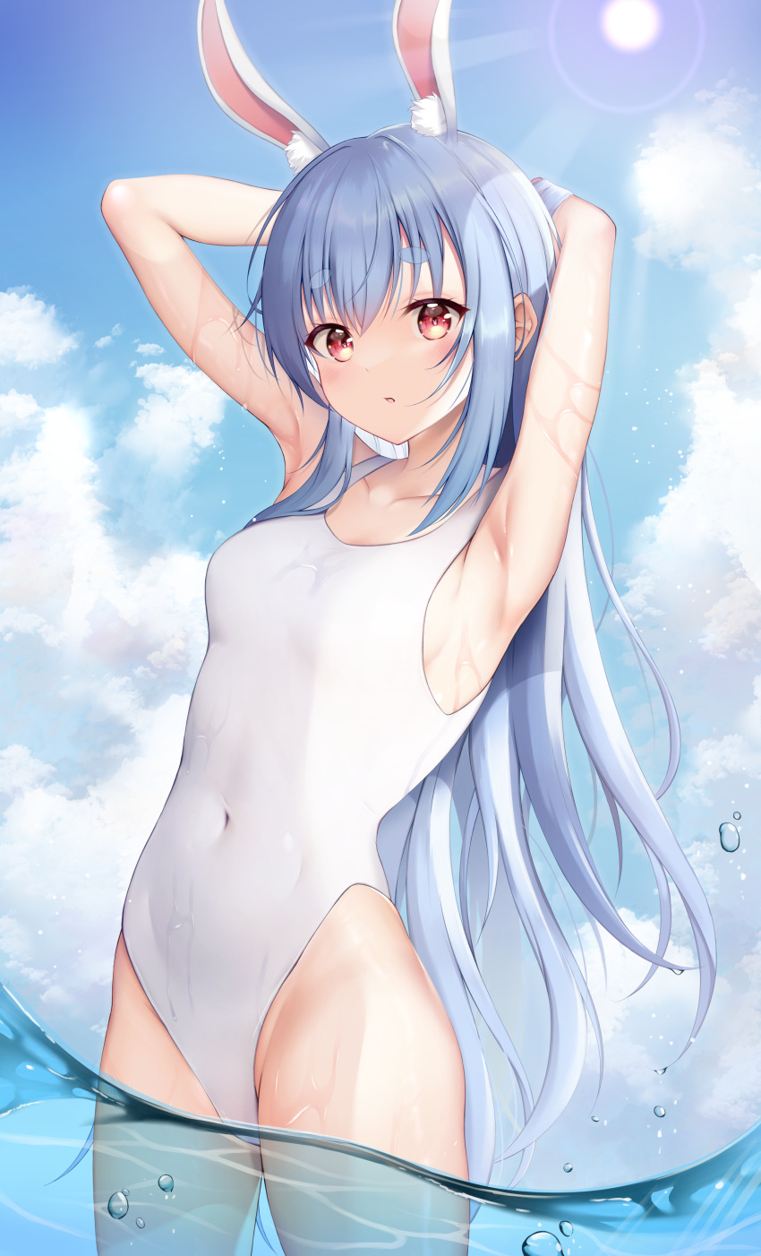 1girl absurdres animal_ears armpits arms_behind_head blue_hair blue_sky clouds covered_navel day eyebrows_visible_through_hair hair_down highres hololive long_hair looking_at_viewer one-piece_swimsuit partially_submerged rabbit_ears red_eyes sky solo sun sunlight swimsuit thick_eyebrows thighs usada_pekora utekiro virtual_youtuber wet wet_clothes white_swimsuit