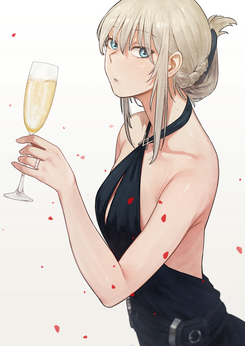 1girl alcohol alternate_hairstyle an-94_(girls_frontline) aqua_eyes armpit_crease backless_dress backless_outfit bangs bare_arms bare_shoulders belt black_dress braid breasts champagne champagne_flute collarbone cup dress drinking_glass eyebrows_visible_through_hair folded_ponytail french_braid from_side girls_frontline gradient gradient_background hair_between_eyes hair_ornament hair_up halter_dress halterneck hand_up highres holding holding_cup huqu jewelry korean_commentary long_hair looking_at_viewer official_alternate_costume parted_lips petals ring rose_petals sidelocks silver_hair simple_background small_breasts solo tied_hair upper_body