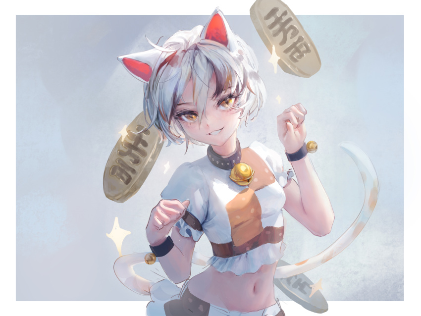1girl absurdres animal_ears ankleband bell brown_eyes cat_ears cat_tail cowboy_shot gold highres koban_(gold) looking_at_viewer maneki-neko midriff multicolored_hair multicolored_shirt neck_bell patches paw_pose short_hair short_sleeves simple_background skirt smile tail touhou unnamed_cat_girl_(touhou)