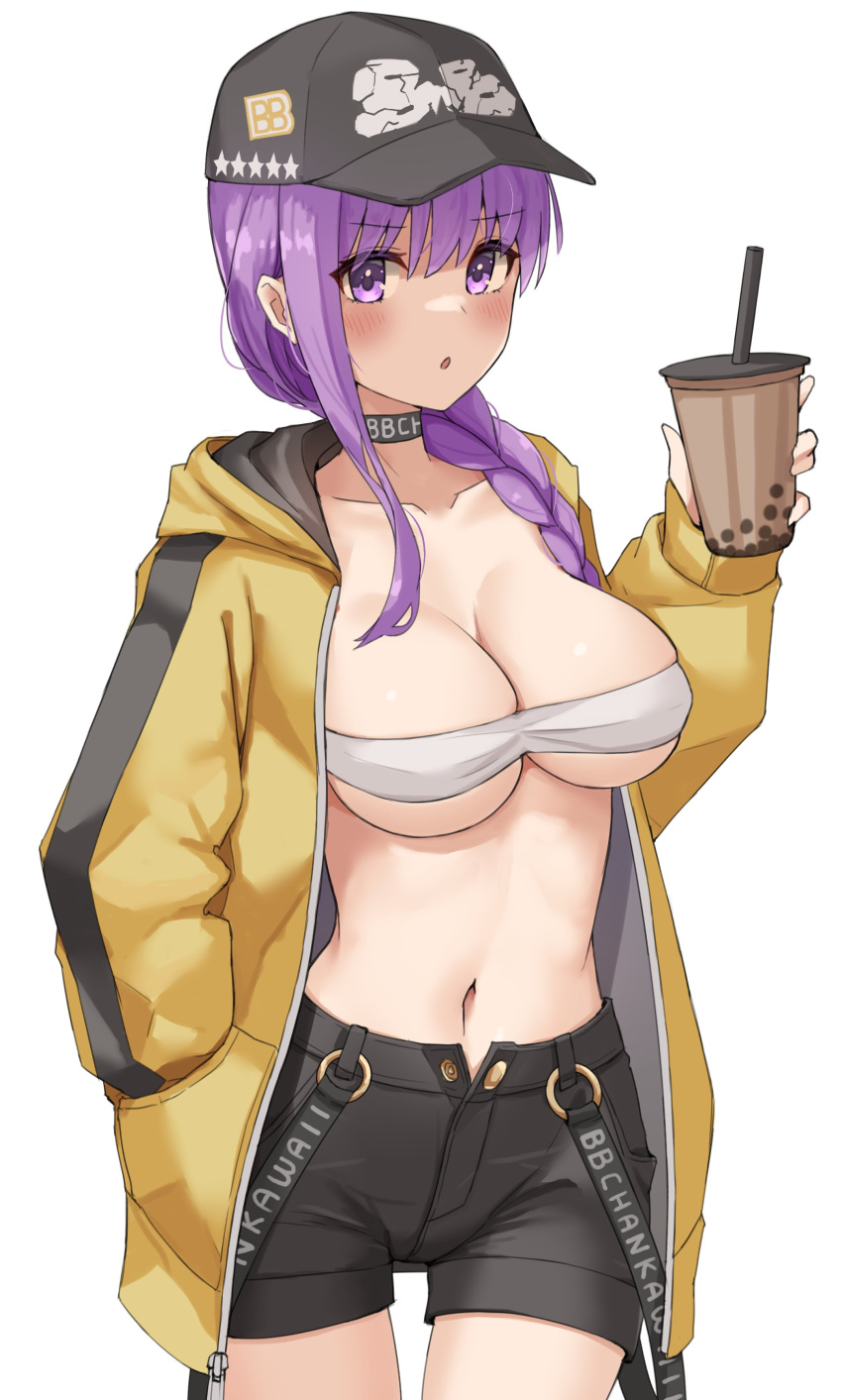 1girl absurdres bangs baseball_cap bb_(fate) bb_(swimsuit_mooncancer)_(fate) blush braid braided_ponytail breasts fate/grand_order fate_(series) hat highres kopaka_(karda_nui) large_breasts long_hair long_sleeves looking_at_viewer navel open_mouth purple_hair solo very_long_hair violet_eyes
