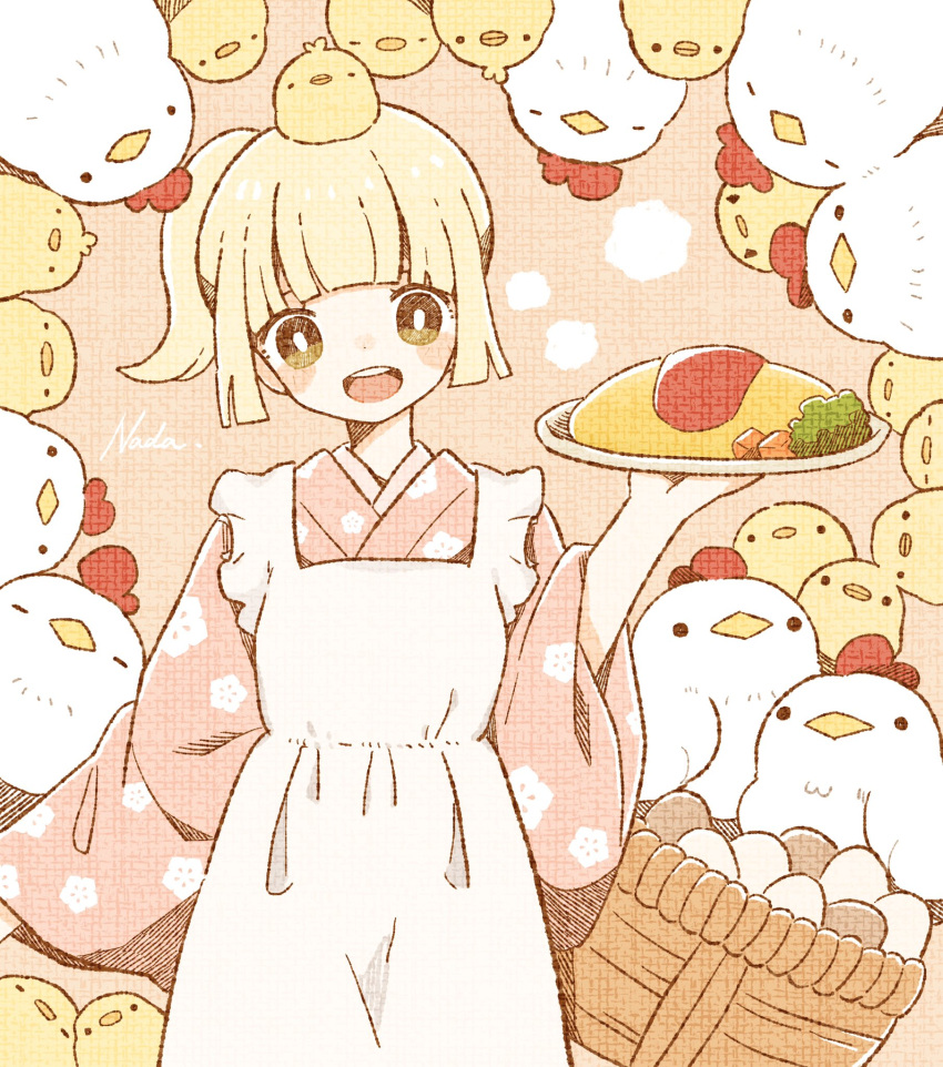 1girl animal animal_on_head apron bangs basket bird blonde_hair blunt_bangs blush chick chicken egg floral_print food highres holding holding_plate nada_namie omelet omurice on_head open_mouth original pink_background plate ponytail sidelocks signature simple_background wa_maid wide_sleeves yellow_eyes