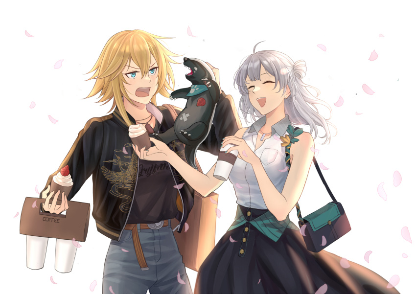 2girls ak-74u_(girls_frontline) badger bag blonde_hair blue_eyes closed_eyes coffee_cup cup disposable_cup dress english_commentary girls_frontline handbag highres holding holding_cup honey_badger_(girls_frontline) jewelry long_hair multiple_girls necklace open_mouth pants short_hair silayloe silver_hair white_background