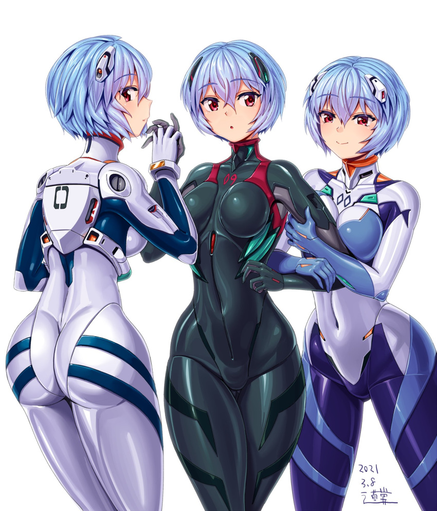 3girls :o ass ayanami_rei bangs blue_hair bodysuit breast_press covered_navel dated evangelion:_3.0+1.0_thrice_upon_a_time evangelion:_3.0_you_can_(not)_redo hair_between_eyes highres holding_another's_arm looking_back looking_to_the_side michi_kuso multiple_girls multiple_persona neon_genesis_evangelion plugsuit rebuild_of_evangelion red_eyes short_hair skin_tight smile