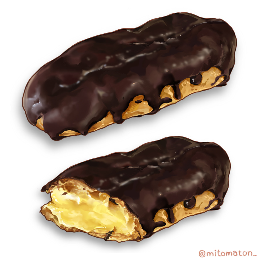 absurdres artist_name chocolate custard eclair_(food) food food_focus highres mitomaton no_humans original pastry realistic simple_background still_life sweets white_background