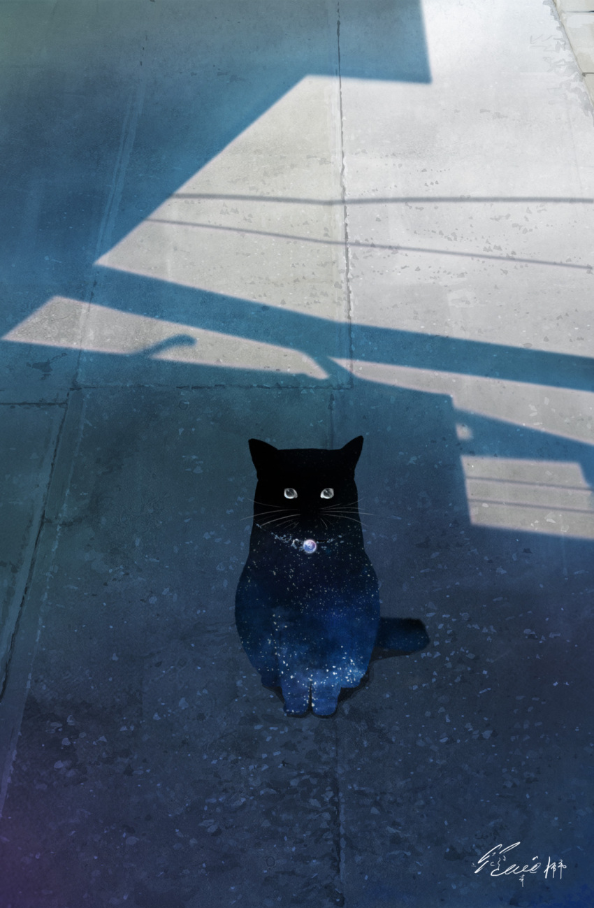 animal_focus black_cat black_fur blue_fur cat fantasy hachiya_shohei highres looking_at_viewer no_humans original planet scenery sky space star_(sky) starry_sky surreal