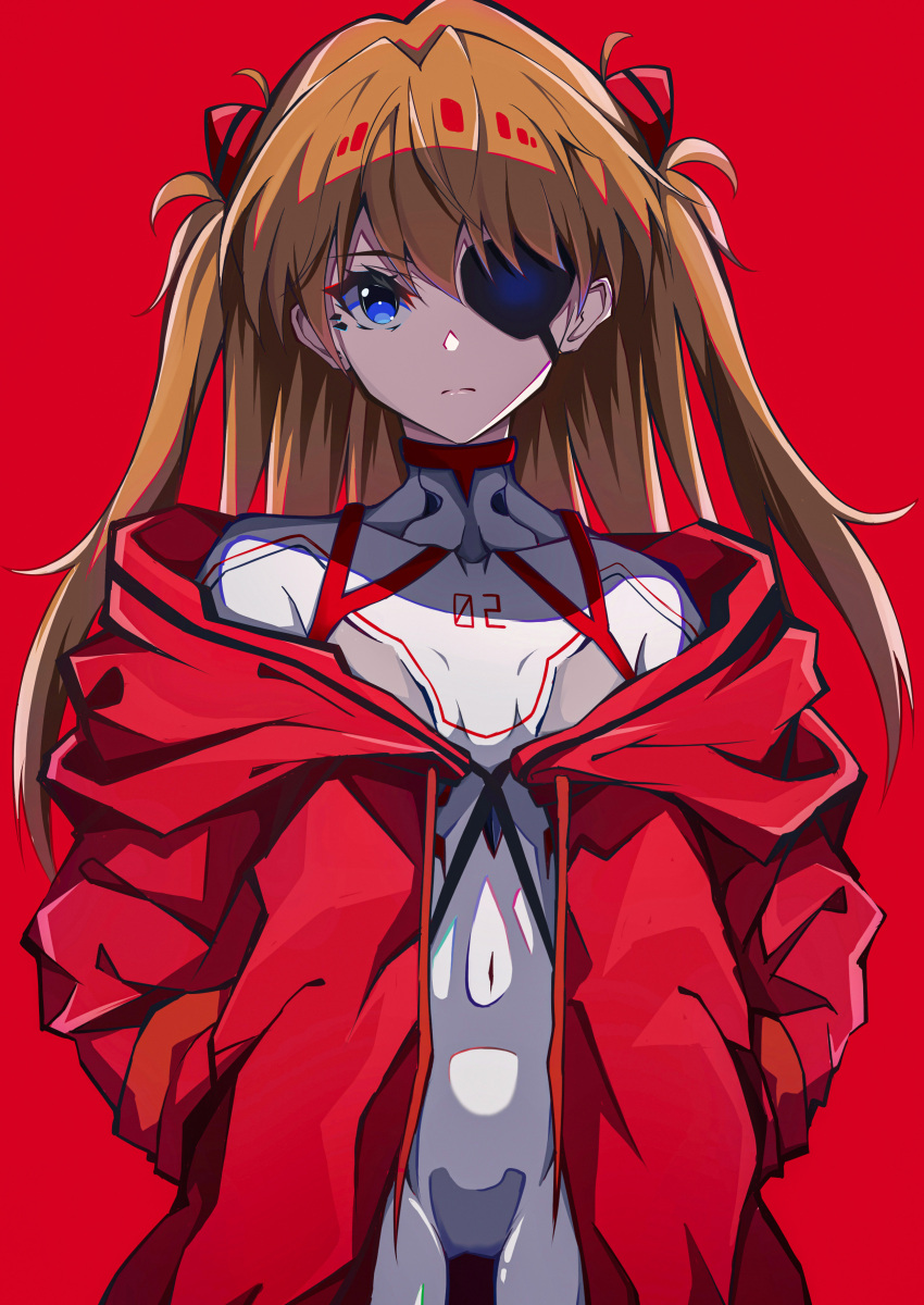 1girl absurdres bangs blue_eyes brown_hair closed_mouth eyepatch hair_between_eyes hair_ornament hands_in_pockets highres jacket looking_at_viewer neon_genesis_evangelion off_shoulder pension_z plugsuit rebuild_of_evangelion red_background red_jacket shikinami_asuka_langley simple_background solo souryuu_asuka_langley thick_outlines