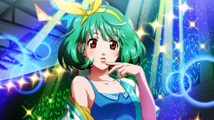 1girl collarbone finger_to_mouth game_cg green_hair hair_ribbon lips looking_at_viewer macross macross_frontier nail_polish parted_lips ranka_lee red_eyes ribbon short_hair solo uta_macross_sumaho_deculture yellow_nails