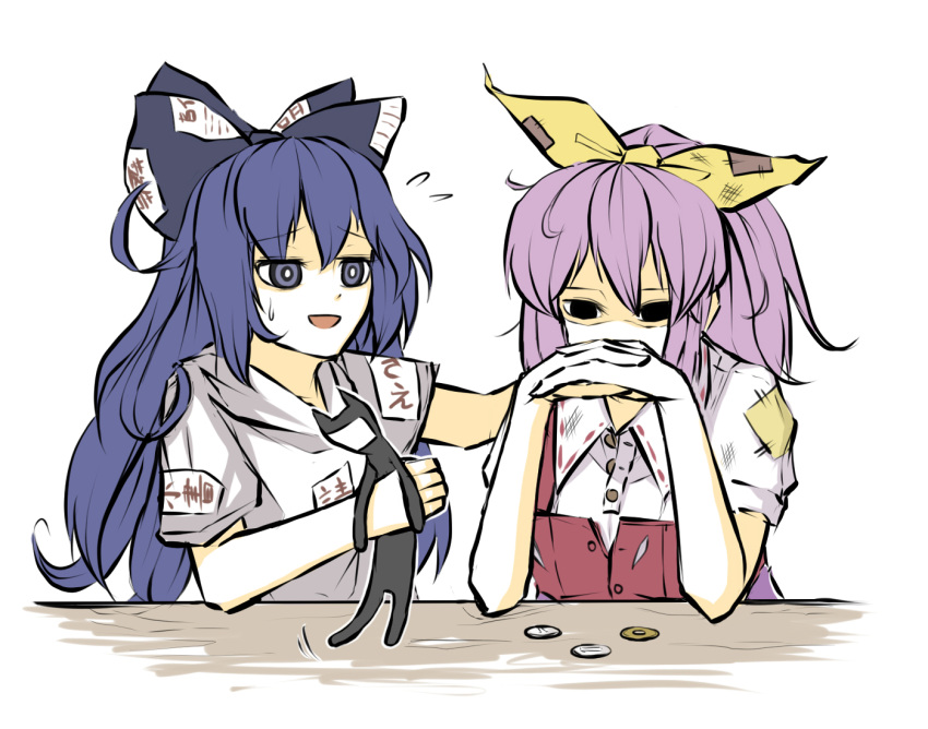 2girls blue_hair bow consoling defeat hair_bow hands_on_own_face hood hoodie long_hair multiple_girls patches peroponesosu. pink_hair poverty stuffed_animal stuffed_cat stuffed_toy torn_clothes touhou trait_connection very_long_hair watatsuki_no_yorihime yen yorigami_shion