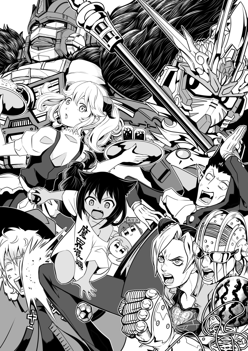 4boys 5girls absurdres beast_wars beast_wars:_transformers character_request collarbone copyright_request crossover double_bun draluc_(kyuuketsuki_sugu_shinu) dress greyscale gundam highres holding holding_tray horns jahy jahy-sama_wa_kujikenai! jojo_no_kimyou_na_bouken kamizono_(spookyhouse) kujo_jolyne kyuuketsuki_sugu_shinu looking_up maid_headdress maximal mecha monochrome multiple_boys multiple_crossover multiple_girls off_shoulder open_mouth optimus_primal parted_lips pipimi pointy_ears poptepipic popuko ronaldo_(kyuttetsuki_sugu_shinu) sd_gundam sd_gundam_world_heroes stand_(jojo) stone_free stone_ocean sweater transformers tray twintails v-shaped_eyebrows wukong_impulse_gundam