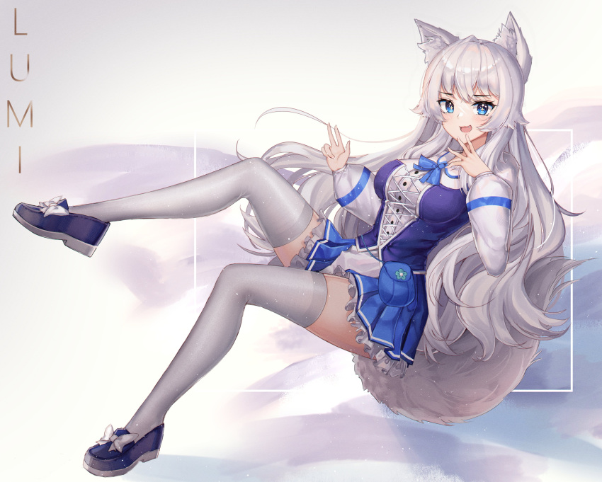 +_+ 1girl absurdres animal_ear_fluff animal_ears bangs blue_eyes blue_skirt character_name dayshiart english_commentary eyebrows_visible_through_hair fang fox_ears fox_girl fox_tail highres indie_virtual_youtuber long_hair lumi_(merryweather) open_hand open_mouth pouch skirt solo tail thigh-highs very_long_hair virtual_youtuber white_hair