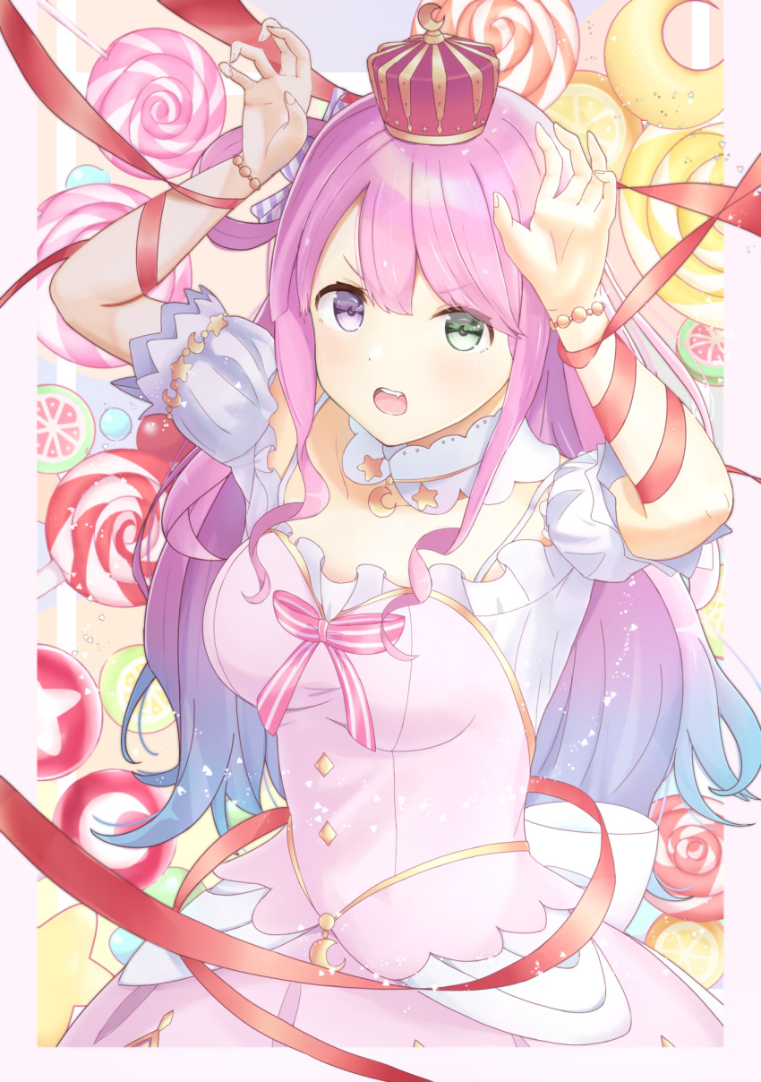 1girl arms_up bangs bracelet breasts candy crown dress eyebrows_visible_through_hair food fruit green_eyes heterochromia highres himemori_luna hololive inaka_44 jewelry lace_collar lollipop long_hair looking_at_viewer mini_crown moon_(ornament) necklace open_mouth pink_dress pink_hair puffy_short_sleeves puffy_sleeves purple_hair ribbon short_sleeves solo swirl_lollipop violet_eyes virtual_youtuber