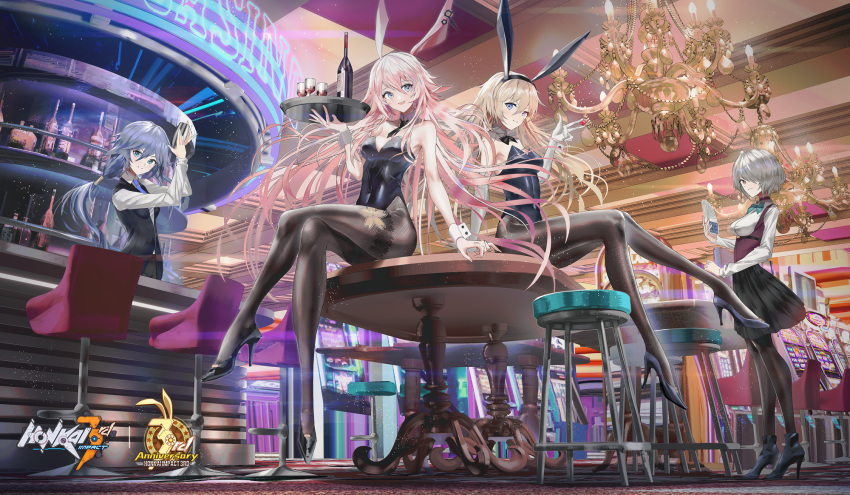 4girls animal_ears bar bar_stool bartender blonde_hair blue_eyes blue_hair bottle card casino chandelier character_request cocktail_shaker commentary_request covered_navel detached_collar fake_animal_ears grey_hair hair_over_one_eye high_heels highres honkai_(series) honkai_impact_3rd leotard long_hair looking_at_viewer multiple_girls necktie official_art pantyhose pink_hair playboy_bunny playing_card rabbit_ears sitting sitting_on_table slot_machine stool strapless strapless_leotard swav tray violet_eyes wine_bottle wrist_cuffs