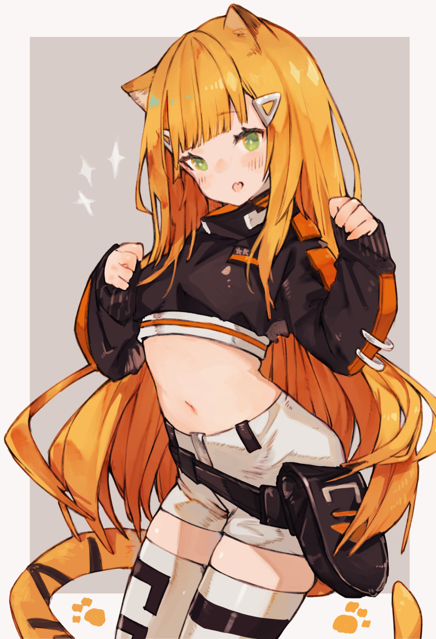 1girl absurdres animal_ears arched_back breasts clenched_hands commission cropped_jacket english_commentary fang fanny_pack green_eyes highres indie_virtual_youtuber kemomin_nosuke leaning_forward midriff moofie_(vtuber) navel open_mouth orange_hair paw_print second-party_source shorts skin_fang skindentation small_breasts solo tail thigh-highs tiger_ears tiger_girl tiger_tail virtual_youtuber white_shorts