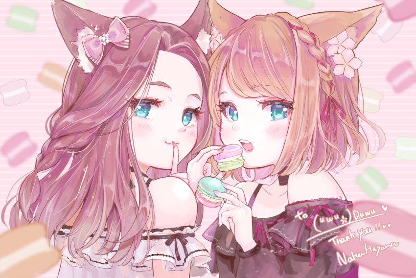 2girls animal_ear_fluff animal_ears artist_name bangs black_blouse blouse blue_eyes blush bow braid cat_ears cat_girl commission eyebrows_visible_through_hair finger_to_mouth flower food hair_bow hair_flower hair_ornament hayama_hisashi highres holding holding_food looking_at_viewer macaron multiple_girls off_shoulder open_mouth original pink_bow pink_flower skeb_commission smile upper_body white_blouse