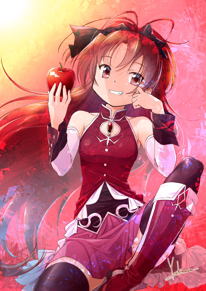 1girl absurdres apple artist_name bare_shoulders black_bow black_legwear boots bow detached_sleeves fang food fruit head_rest highres knee_boots long_hair looking_at_viewer mahou_shoujo_madoka_magica pink_skirt red_eyes red_footwear sakura_kyouko skirt smile solo soul_gem thigh-highs thighs very_long_hair yoshinaga_masahiro