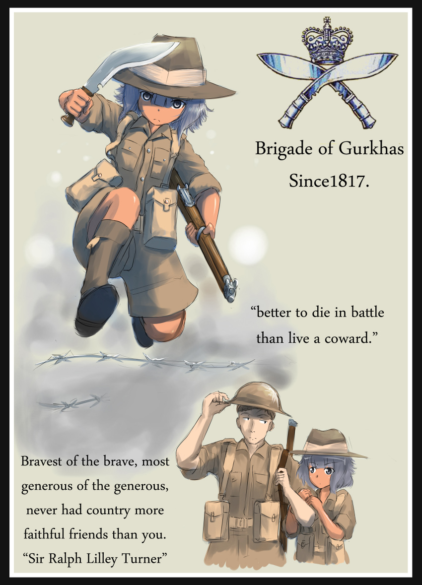 1boy 1girl absurdres ankle_boots arm_hug barbed_wire boots border brown_hair dark_skin dark-skinned_female english_text erica_(naze1940) eye_contact frown gun gurkha hand_on_headwear helmet highres jumping kneehighs knife kukri lee-enfield load_bearing_equipment looking_at_another looking_to_the_side military military_uniform original purple_hair rifle serious short_hair shorts sketch sleeves_rolled_up soldier uniform upper_body weapon world_war_ii