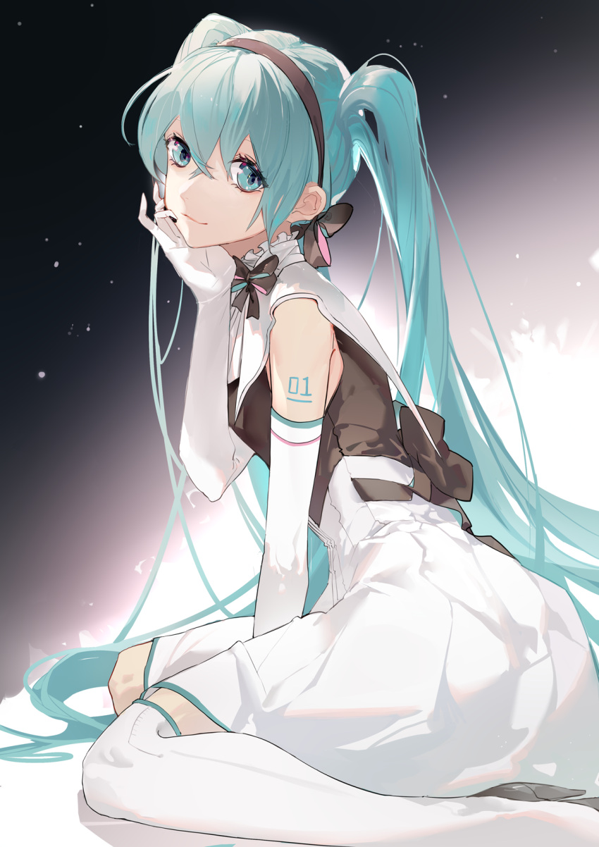 1girl bangs between_legs black_hairband black_neckwear black_vest blue_eyes blue_hair boots closed_mouth elbow_gloves gloves hair_between_eyes hairband hand_between_legs hatsune_miku head_rest high-waist_skirt high_heel_boots high_heels highres long_hair looking_at_viewer miniskirt saianan shiny shiny_hair sitting skirt smile solo thigh-highs thigh_boots twintails very_long_hair vest vocaloid wariza white_footwear white_gloves white_skirt