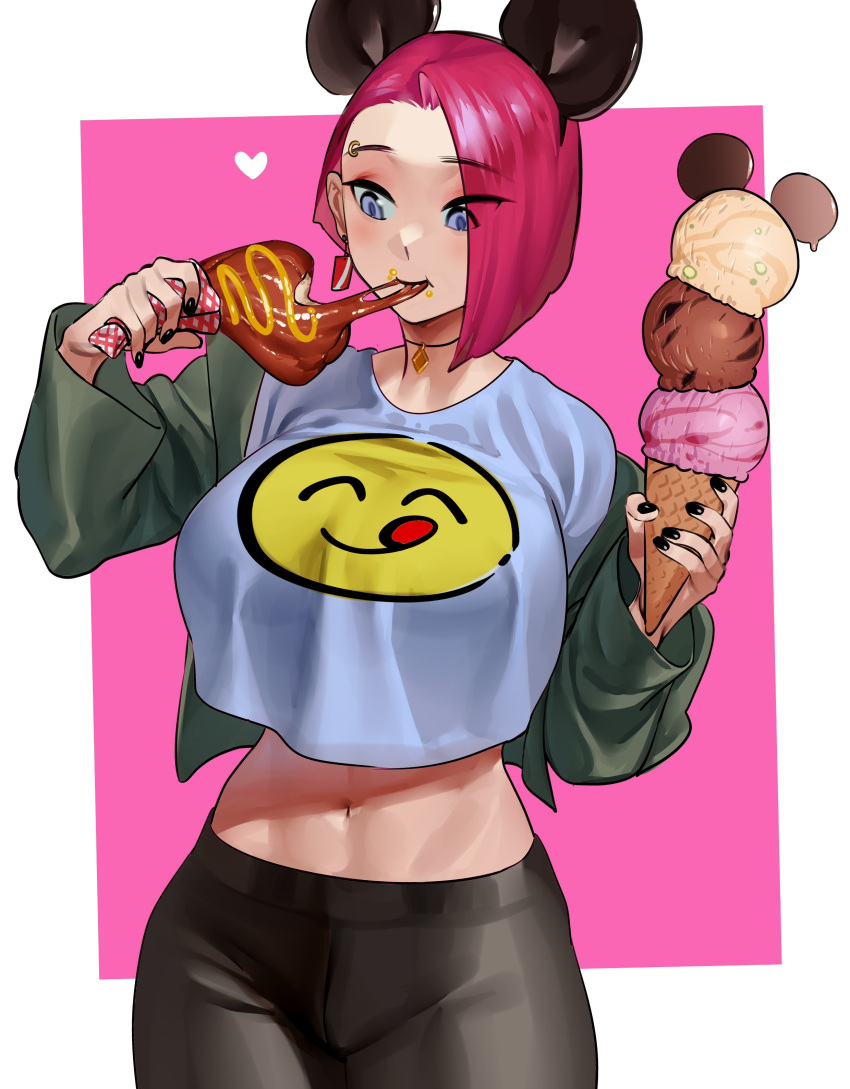 1girl absurdres black_nails black_pants breasts choker cowboy_shot earrings eating eyebrow_piercing eyebrows_visible_through_hair eyes_visible_through_hair food food_on_face heart highres ice_cream ice_cream_cone jewelry large_breasts meat midriff navel nia_(nia4294) original pants piercing pink_background print_shirt redhead shirt shirt_overhang short_hair simple_background solo violet_eyes