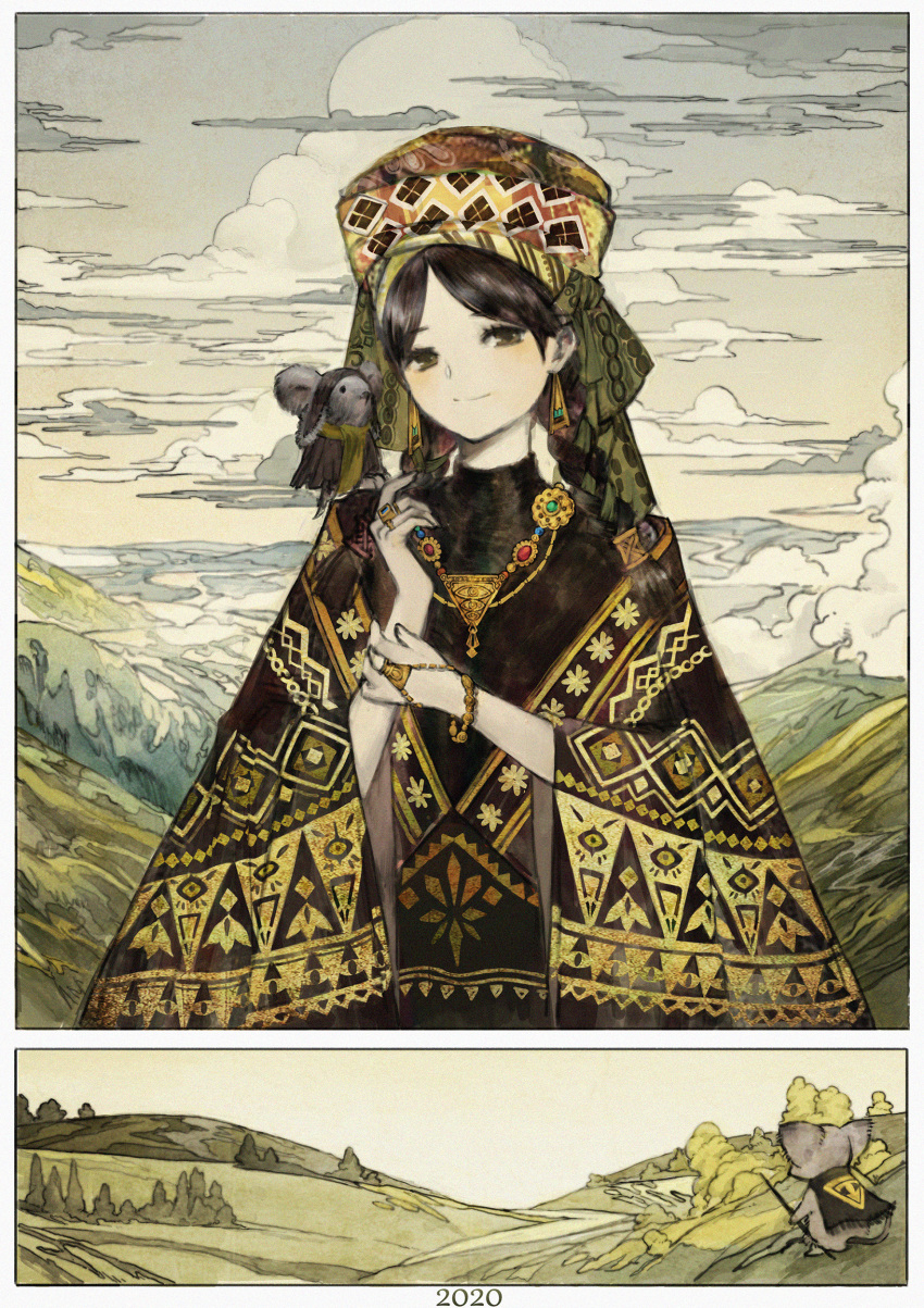 1girl 2020 absurdres baiguiyu black_clothes black_hair chinese_zodiac clouds earrings gold_earrings gold_trim green_eyes happy_new_year headwear highres jewelry looking_at_viewer necklace new_year original rat traditional_clothes year_of_the_rat