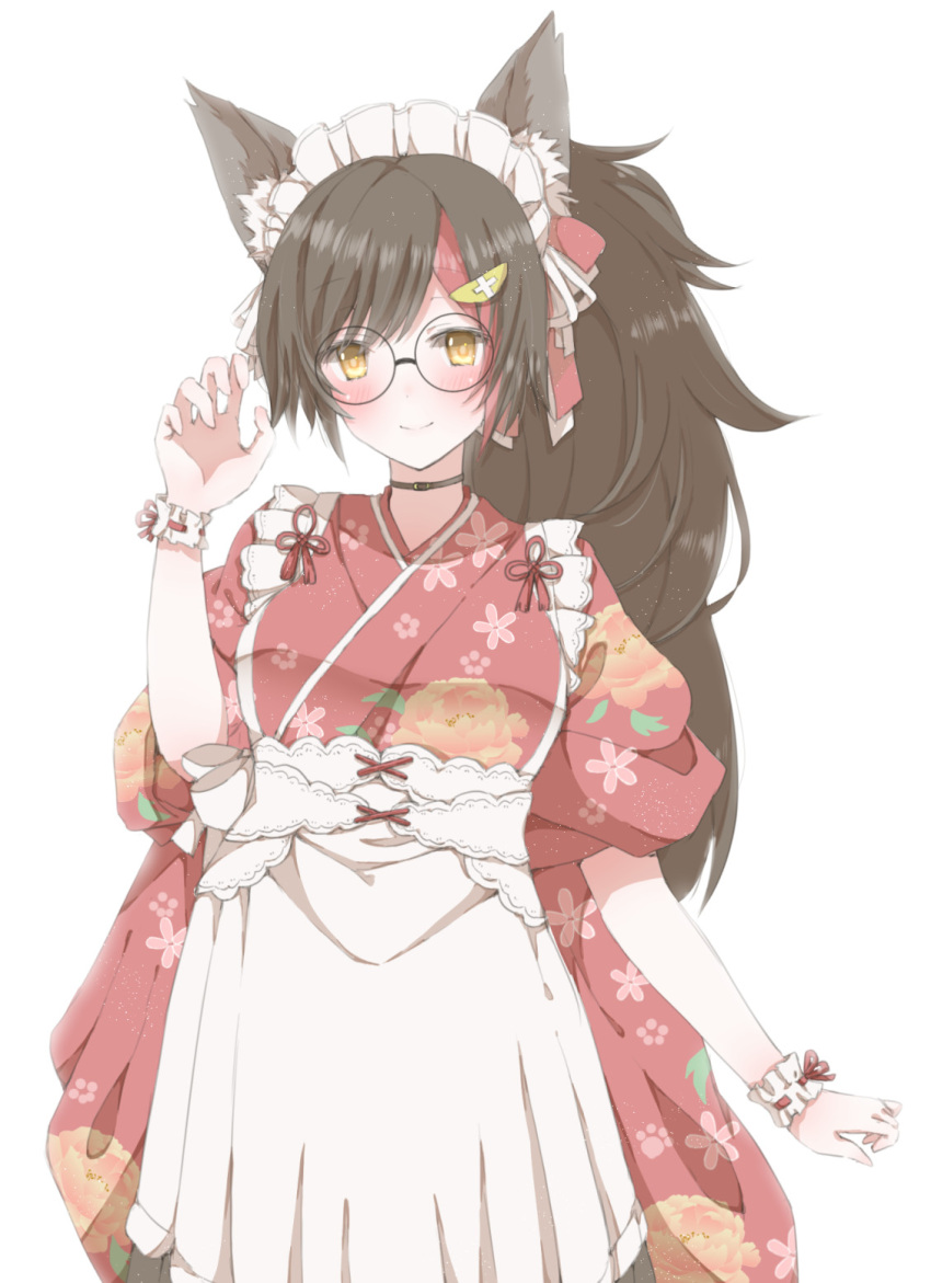 1girl alternate_costume animal_ear_fluff animal_ears apron arm_up black_hair blush claw_pose closed_mouth commission enmaided flipped_hair floral_print frilled_apron frills glasses highlights highres hiro_(hirohiro31) hololive japanese_clothes kimono long_hair looking_at_viewer maid maid_headdress multicolored_hair official_alternate_costume ookami_mio print_kimono red_kimono redhead round_eyewear side_ponytail simple_background skeb_commission sleeves_rolled_up smile solo tasuki virtual_youtuber wa_maid waist_apron white_apron white_background wolf_ears wolf_girl wrist_cuffs yellow_eyes