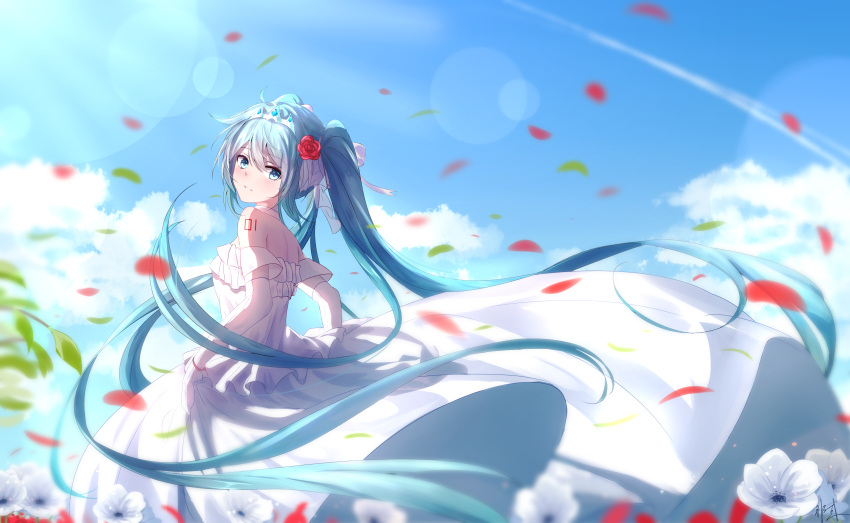 1girl absurdly_long_hair absurdres bangs blue_eyes blue_hair blue_sky clouds diadem dress eyebrows_visible_through_hair floating_hair flower from_side gloves hair_between_eyes hair_flower hair_ornament hatsune_miku highres hishiki_(pixi14719710) lens_flare long_dress long_hair looking_at_viewer parted_lips petals red_flower shiny shiny_hair sky sleeveless sleeveless_dress solo standing sunlight very_long_hair vocaloid white_dress white_flower white_gloves
