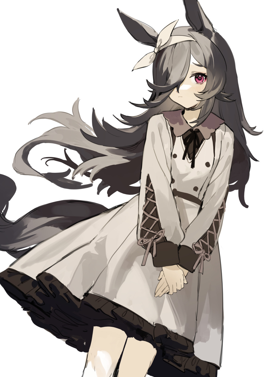 1girl absurdres animal_ears bangs black_hair black_ribbon character_request collared_dress dress floating_hair frilled_dress frills grey_dress hair_over_one_eye hairband hands_together highres horse_ears horse_girl horse_tail long_hair long_sleeves neck_ribbon own_hands_together pleated_dress puffy_long_sleeves puffy_sleeves red_eyes ribbon sh_(562835932) simple_background solo tail umamusume very_long_hair white_background white_hairband white_ribbon