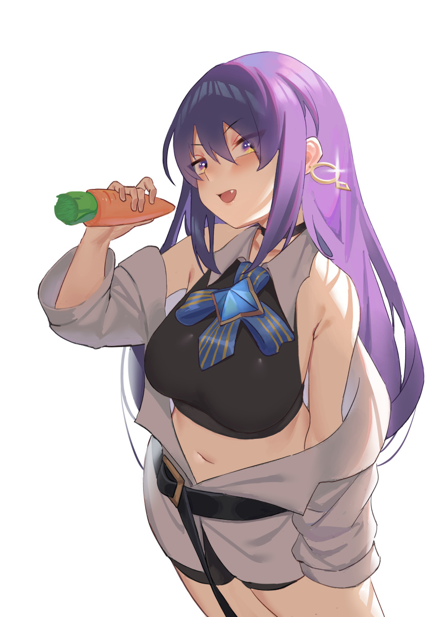 1girl absurdres breasts carrot cropped_legs eyebrows_visible_through_hair fang food head_tilt highres holding holding_food holding_vegetable hololive hololive_indonesia jacket jewelry jmao large_breasts leaning_back long_hair looking_at_viewer midriff moona_hoshinova navel open_mouth purple_hair single_earring smile solo v-shaped_eyebrows vegetable violet_eyes virtual_youtuber white_background white_jacket