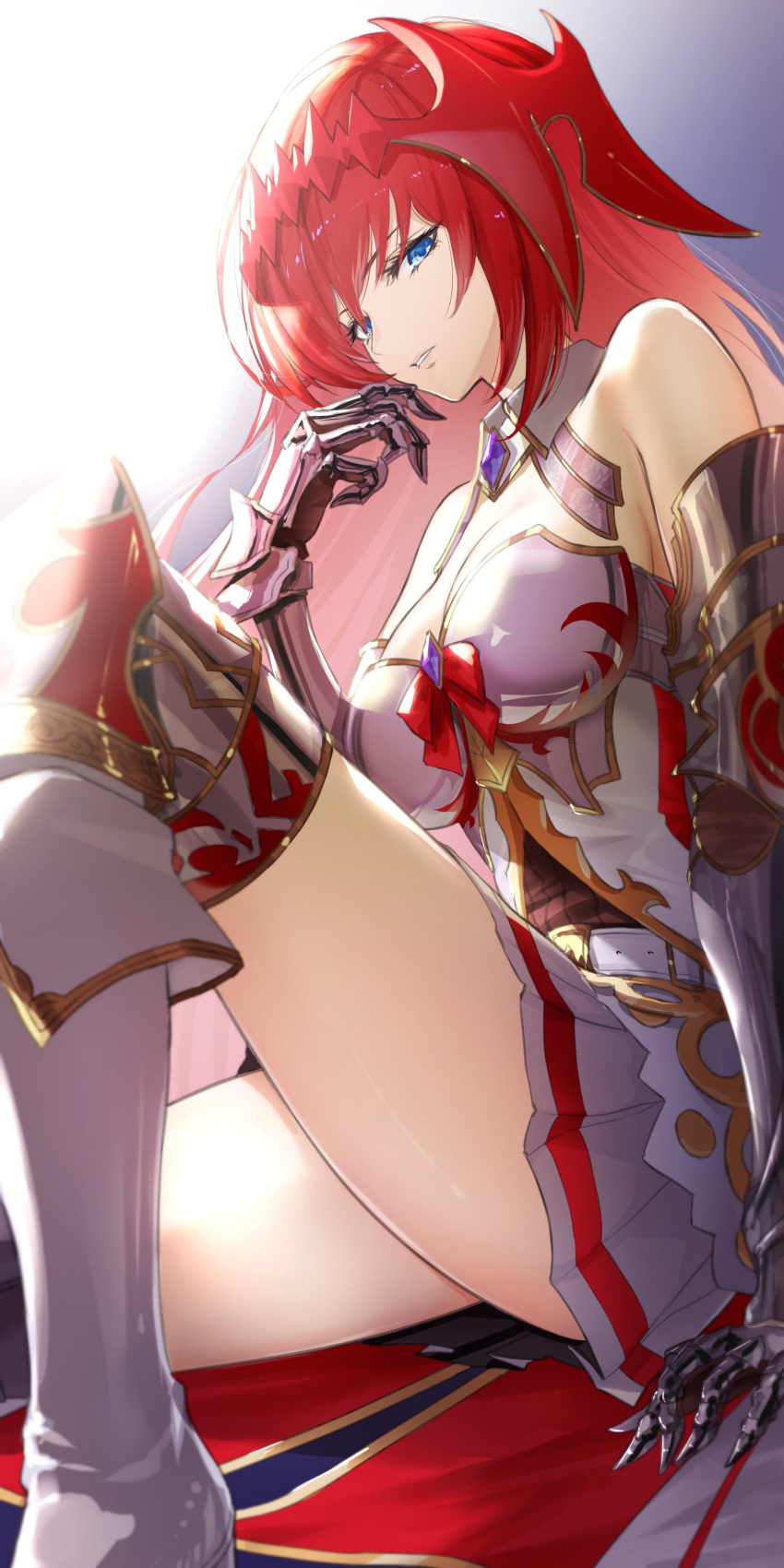 1girl absurdres aiu_eo armored_boots bare_shoulders blue_eyes boots detached_collar gauntlets godguard_brodia granblue_fantasy hair_ornament highres long_hair looking_at_viewer redhead skirt solo thighs very_long_hair white_skirt