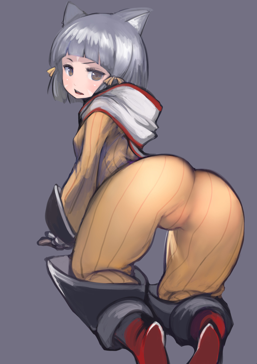 1girl all_fours animal_ears ass bangs blunt_bangs bodysuit brown_eyes cat_ears facial_mark fang from_behind gloves grey_background grey_hair hair_ribbon highres hood hood_down johan_(johan13) long_sleeves looking_at_viewer looking_back nia_(xenoblade) open_mouth orange_bodysuit orange_ribbon ribbed_bodysuit ribbon short_hair simple_background solo teeth white_gloves xenoblade_chronicles_(series) xenoblade_chronicles_2