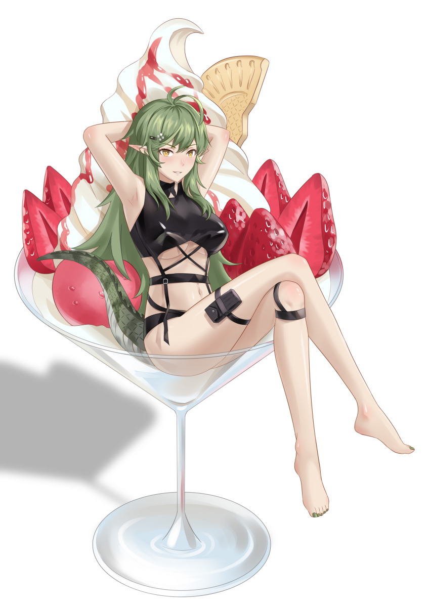 1girl absurdres antenna_hair arknights armpits arms_up bangs bare_legs bare_shoulders blush breasts chinese_commentary commentary_request crocodilian_tail crossed_legs cup da_akana_xiv drinking_glass food gavial_(arknights) green_hair green_nails grin highres ice_cream long_hair looking_at_viewer medium_breasts navel parted_lips pointy_ears pouch shadow simple_background sitting smile solo stomach tail thigh_strap thighs toenail_polish under_boob white_background wine_glass yellow_eyes