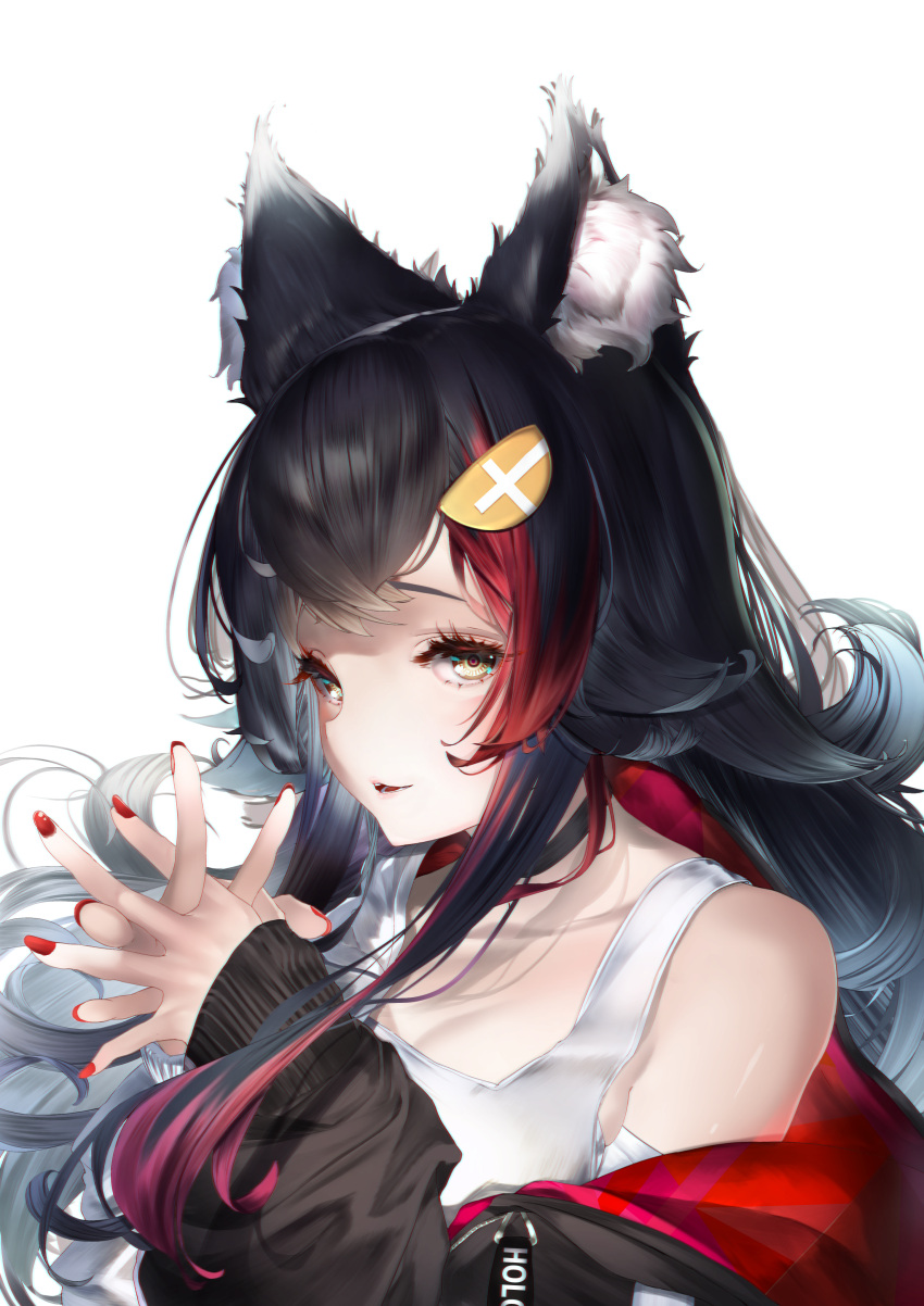 absurdres animal_ear_fluff animal_ears black_choker black_hair black_jacket choker commentary_request eyebrows_visible_through_hair hair_ornament hairclip hands_clasped highres hololive jacket lamium_(artist) looking_at_viewer multicolored_hair off_shoulder ookami_mio open_mouth own_hands_together red_nails redhead shirt simple_background two-tone_hair virtual_youtuber white_background white_shirt wolf_ears wolf_girl yellow_eyes