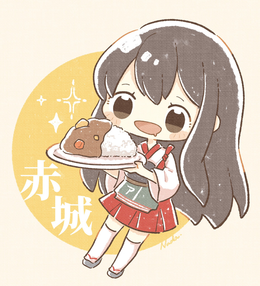 1girl akagi_(kancolle) bangs blush brown_eyes brown_hair character_name chibi curry curry_rice flight_deck food hakama hakama_skirt highres holding holding_plate japanese_clothes kantai_collection long_hair muneate nada_namie open_mouth plate red_hakama rice saliva signature simple_background solo sparkle tasuki thigh-highs two-tone_background white_legwear wide_sleeves