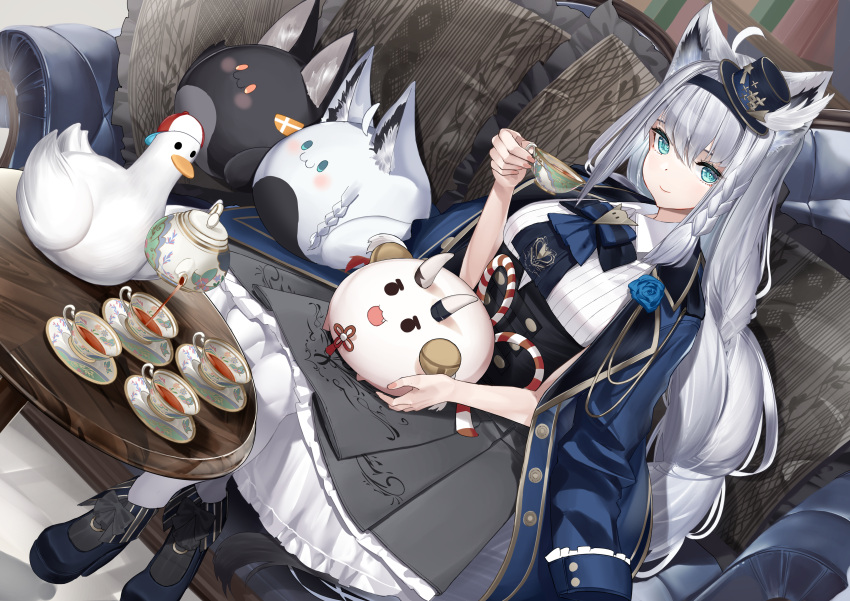 1girl absurdres ahoge animal_ear_fluff animal_ears ascot bangs bird blue_jacket blue_neckwear braid braided_ponytail commentary_request couch cup duck dutch_angle eyebrows_visible_through_hair fams_(group) fox_ears fox_girl fox_tail fubuchun green_eyes grey_skirt hair_between_eyes hairband hat highres holding holding_cup hololive horns huge_filesize indoors jacket jacket_on_shoulders lamium_(artist) long_hair looking_at_viewer mini_hat miochun oni_horns open_clothes open_jacket pantyhose pouring poyoyo_(nakiri_ayame) shirakami_fubuki shirt sidelocks single_braid sitting skirt smile subaru_duck table tail teacup teapot virtual_youtuber white_hair white_legwear white_shirt wolf_ears