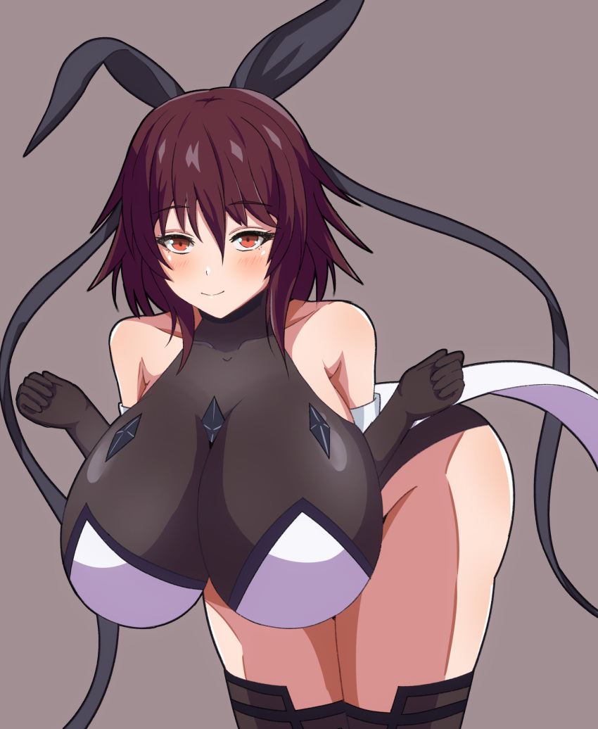 1girl absurdres bare_shoulders black_bow black_gloves blush bow breast_squeeze breasts brown_hair curvy gloves hair_bow hanging_breasts highres huge_breasts impossible_clothes impossible_leotard leaning_forward leotard littlebug looking_at_viewer mature_female mizuki_shiranui orange_eyes smile solo taimanin_(series) taimanin_suit taimanin_yukikaze