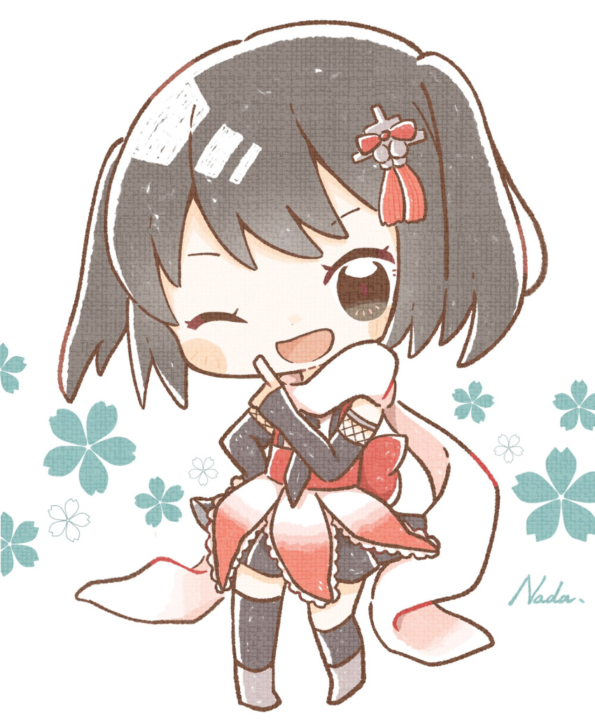 1girl asymmetrical_legwear bangs black_gloves black_hair black_legwear blush chibi elbow_gloves fingerless_gloves flower gloves hair_ornament hand_on_hip highres kantai_collection kneehighs nada_namie one_eye_closed open_mouth remodel_(kantai_collection) scarf sendai_(kancolle) signature simple_background single_kneehigh single_thighhigh skirt solo thigh-highs two_side_up white_background white_scarf