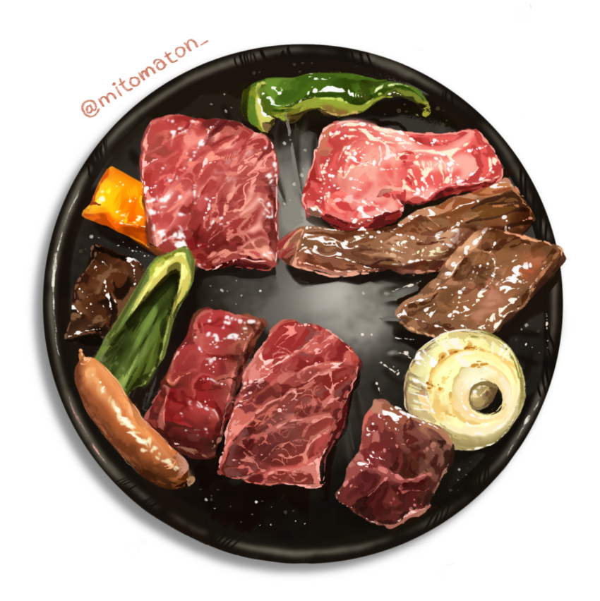 artist_name food food_focus highres meat mitomaton no_humans onion original pepper plate realistic sausage simple_background still_life vegetable white_background yakiniku