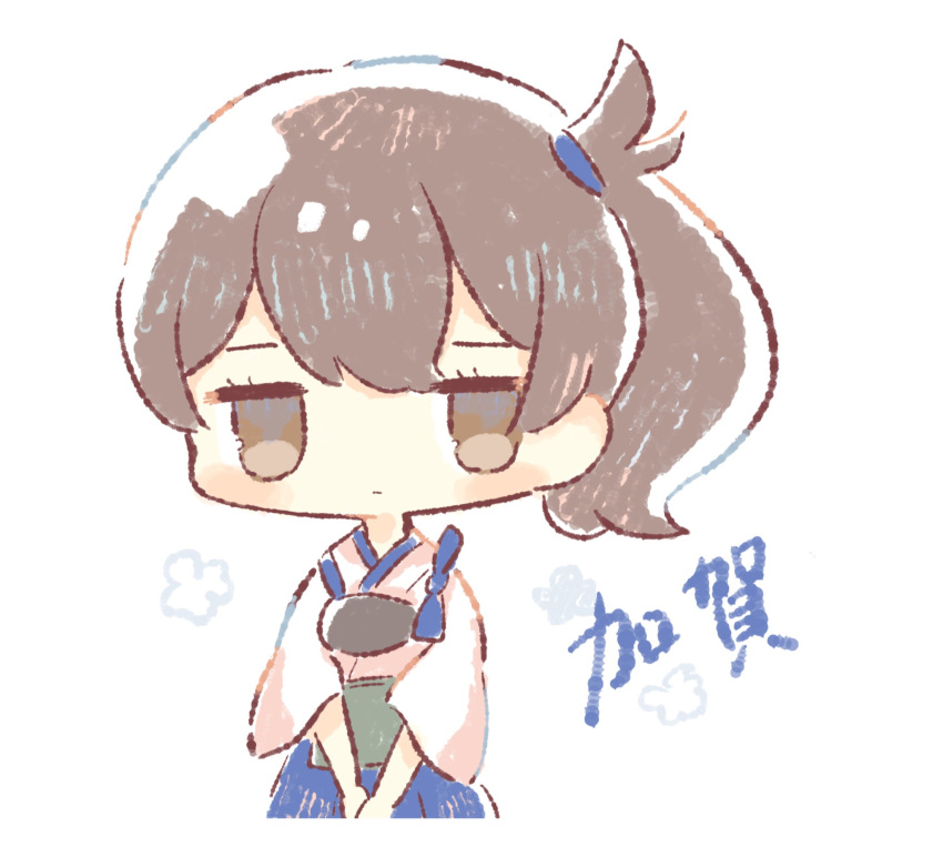 1girl bangs blue_hakama blush brown_eyes brown_hair character_name chibi closed_mouth hakama hakama_skirt highres japanese_clothes kaga_(kancolle) kantai_collection muneate nada_namie ponytail side_ponytail simple_background solo tasuki white_background wide_sleeves