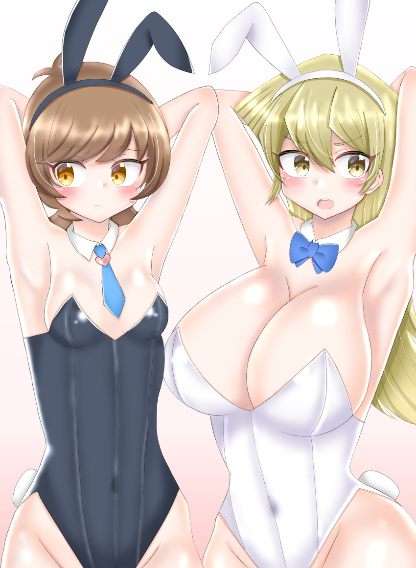 2girls animal_ears armpits arms_up bangs bare_legs bare_shoulders black_headband black_leotard blonde_hair blue_bow blue_neckwear blush bow bowtie breasts brown_eyes brown_hair bunny_tail covered_navel cowboy_shot detached_collar fake_animal_ears fake_tail gradient gradient_background hair_between_eyes headband heart highres huge_breasts leotard medium_breasts multiple_girls necktie open_mouth pink_background playboy_bunny rabbit_ears strapless strapless_leotard swept_bangs tail tenjouin_asuka user_zufk3473 white_headband white_leotard yellow_eyes yu-gi-oh! yu-gi-oh!_gx yu-gi-oh!_vrains zaizen_aoi