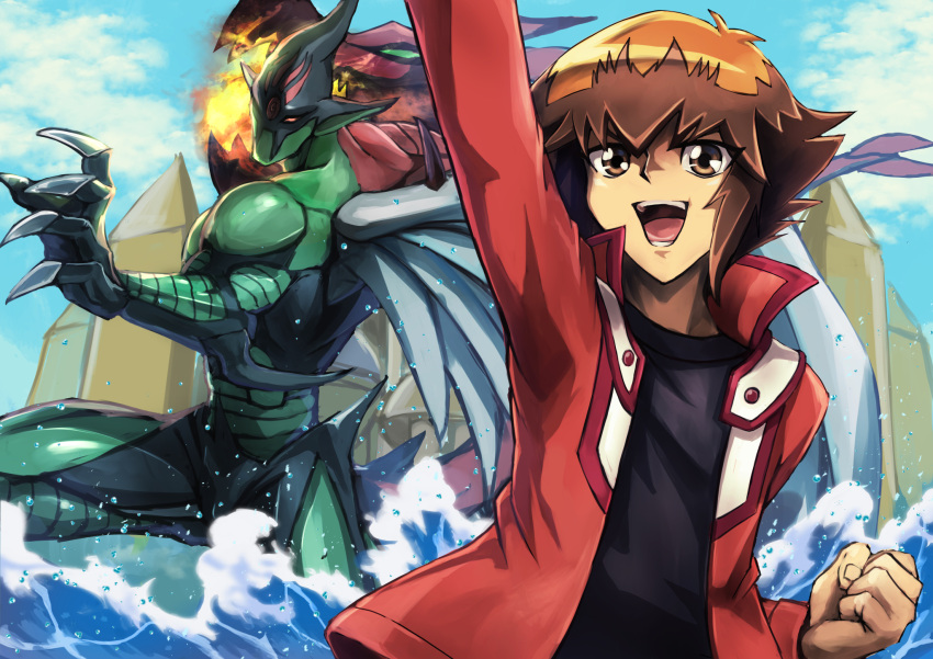 2boys arm_up black_shirt brown_eyes brown_hair clenched_hand deadspike_nine duel_academy_uniform_(yu-gi-oh!_gx) duel_monster elemental_hero_flame_wingman feathered_wings fire green_eyes highres jacket long_sleeves male_focus multicolored_hair multiple_boys open_clothes open_jacket open_mouth red_eyes red_jacket shirt single_wing two-tone_hair water waves wings yu-gi-oh! yu-gi-oh!_gx yuuki_juudai