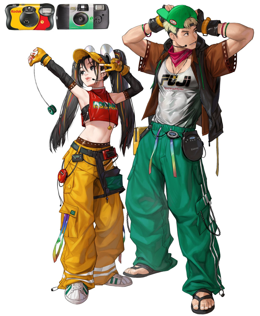 1boy 1girl armpits arms_up black_hair blonde_hair cd cd_hair_ornament covered_abs crop_top elbow_gloves fingerless_gloves gloves green_headwear green_pants grey_shirt hair_ribbon hat highres long_hair microphone midriff navel original pants personification print_shirt red_nails ribbon rinotuna sandals shirt shirt_tucked_in shoes short_hair simple_background very_long_hair white_background white_footwear yellow_gloves yellow_pants yo-yo