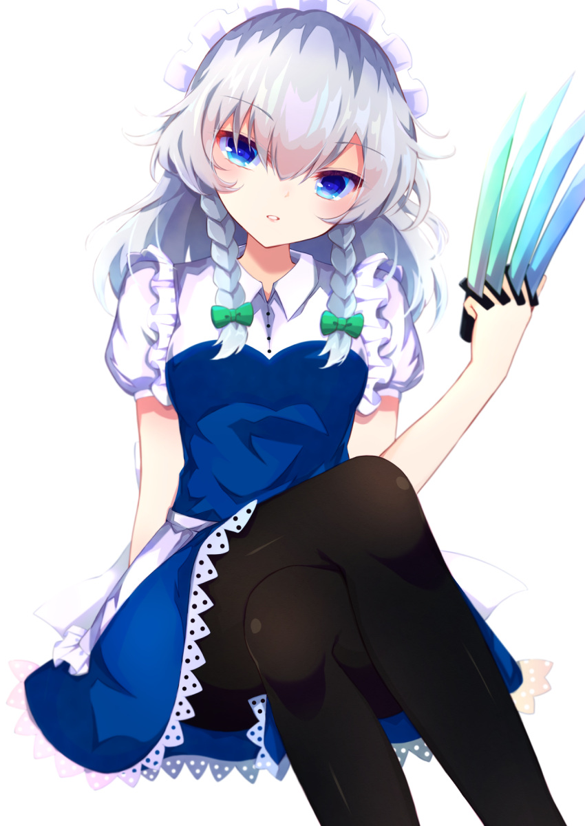 1girl arm_support bangs between_fingers black_legwear blue_dress blue_eyes blush bow braid breasts crossed_legs dress eyebrows_visible_through_hair feet_out_of_frame frills green_bow hair_between_eyes hair_bow hair_ribbon hand_up highres holding holding_knife iridescent izayoi_sakuya knife long_hair looking_at_viewer maid_headdress medium_breasts pantyhose parted_lips puffy_short_sleeves puffy_sleeves ribbon short_sleeves side_braids silver_hair simple_background solo throwing_knife tomoe_(fdhs5855) touhou tress_ribbon twin_braids weapon white_background wing_collar