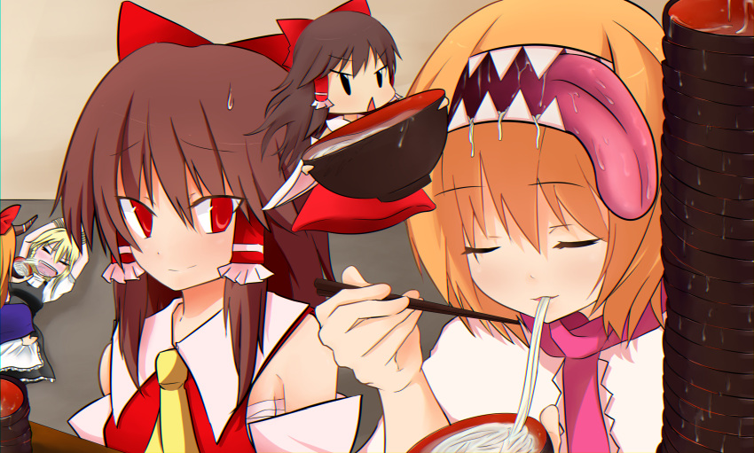 5girls absurdres alice_margatroid arms_up ascot bangs black_dress blonde_hair blouse blush bound bound_wrists bow bowl brown_hair capelet chopsticks closed_eyes closed_mouth commentary_request cookie_(touhou) dress eating extra_mouth eyebrows_visible_through_hair eyes_visible_through_hair food frilled_hair_tubes frills hair_between_eyes hair_bow hair_tubes hakurei_reimu highres hinase_(cookie) holding holding_chopsticks horns ibuki_suika kirisame_marisa long_hair looking_at_another looking_to_the_side medium_hair minigirl multiple_girls mumu_(0x3777) noodles open_mouth orange_hair parody pink_neckwear purple_skirt red_bow red_dress red_eyes red_shirt reu_(cookie) sakenomi_(cookie) sarashi shirt short_hair skirt sleeveless sleeveless_shirt smile soba style_parody teeth tongue touhou upper_body uzuki_(cookie) wanko_soba white_blouse white_capelet yamin_(cookie) yellow_neckwear