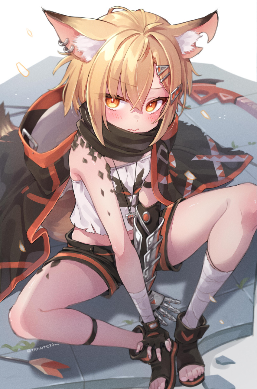 1girl animal_ear_fluff animal_ears arknights bandaged_arm bandaged_leg bandages bare_shoulders black_shorts blonde_hair boots cape crop_top earrings fox_ears hair_ornament hairclip highres jewelry looking_at_viewer midriff oripathy_lesion_(arknights) prosthesis prosthetic_arm shirt short_hair short_shorts shorts sitting sleeveless sleeveless_shirt solo strapless_shirt thighs toeless_footwear torn_clothes torn_shirt trente vermeil_(arknights) white_shirt