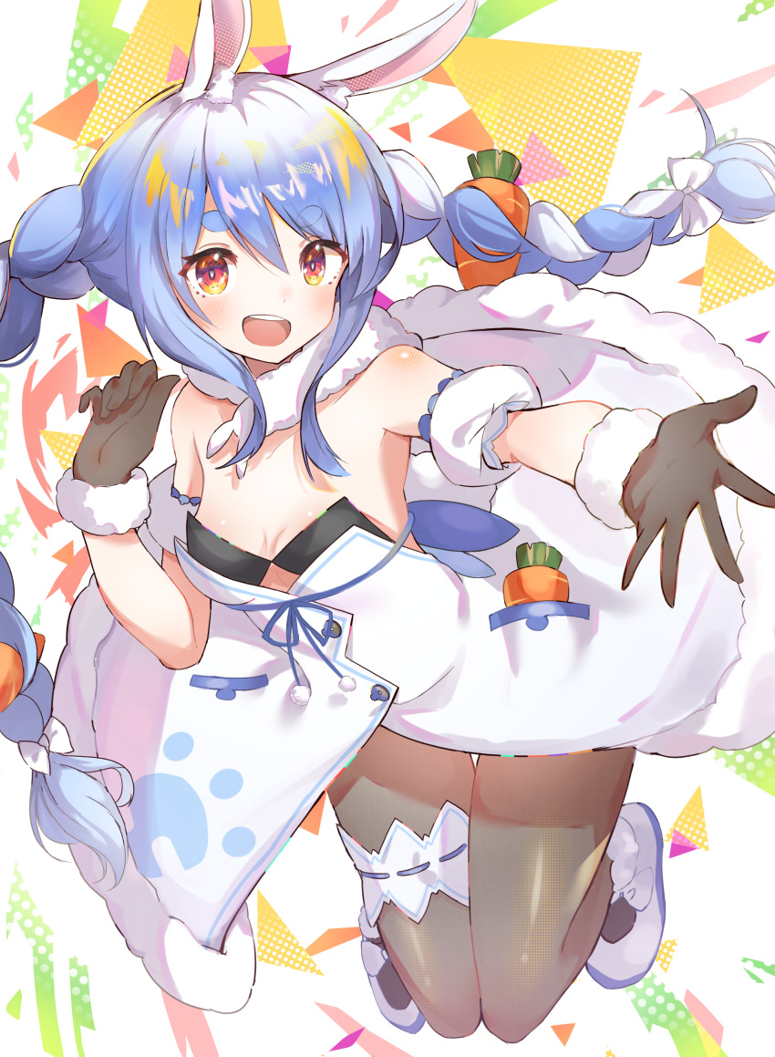 1girl :d absurdres animal_ear_fluff animal_ears bangs bare_shoulders black_gloves black_legwear black_leotard blue_hair blush braid breasts bunny-shaped_pupils bunny_tail carrot_hair_ornament clothing_cutout coat detached_sleeves food_themed_hair_ornament full_body fur-trimmed_coat fur-trimmed_gloves fur_scarf fur_trim furuki_ayaginutaira garters gloves gradient_eyes hair_between_eyes hair_ornament highres hikimayu hololive jumping leotard leotard_under_clothes long_hair looking_at_viewer mary_janes multicolored multicolored_eyes multicolored_hair open_mouth orange_eyes pantyhose puffy_short_sleeves puffy_sleeves rabbit_ears rabbit_girl reaching_out red_eyes scarf shoes short_eyebrows short_sleeves shoulder_blush single_garter small_breasts smile solo strapless strapless_coat strapless_leotard swept_bangs tail thick_eyebrows twin_braids twintails two-tone_hair underboob_cutout usada_pekora virtual_youtuber w_arms white_coat white_footwear white_hair white_scarf white_sleeves